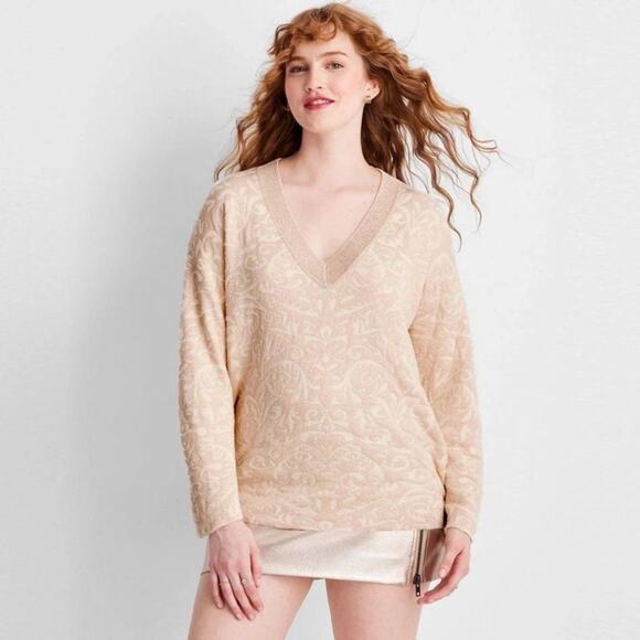 Future Collective Women's V Neck Brocade Sweater Cream Size Medium - Picture 1 of 6